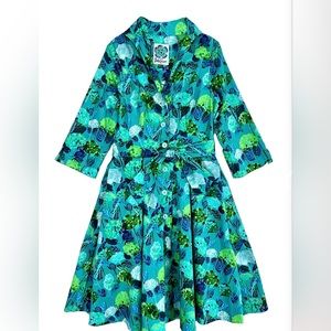 lesley evers women’s XS blue green floral midi vintage-inspired shirt dress NEW